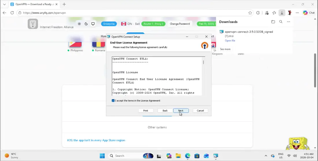 When the download finishes, open the installer, accept the license, and click Next.
