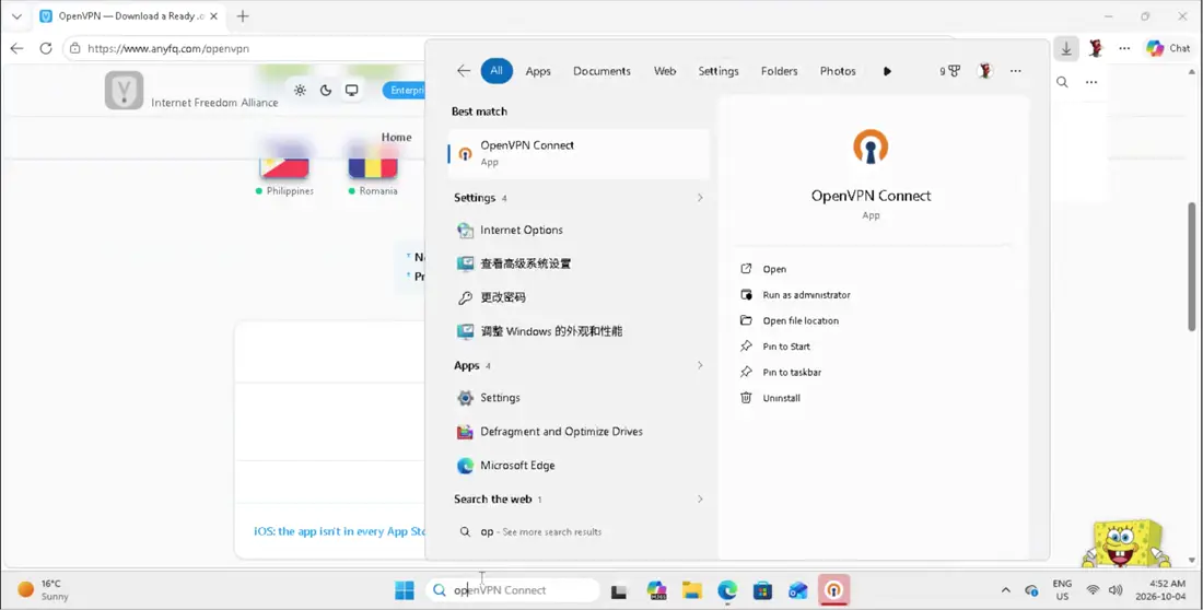 Next, search for OpenVPN Connect in the Start menu and open it.