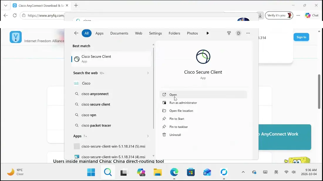 Search for Cisco in the Start menu and open Cisco Secure Client.